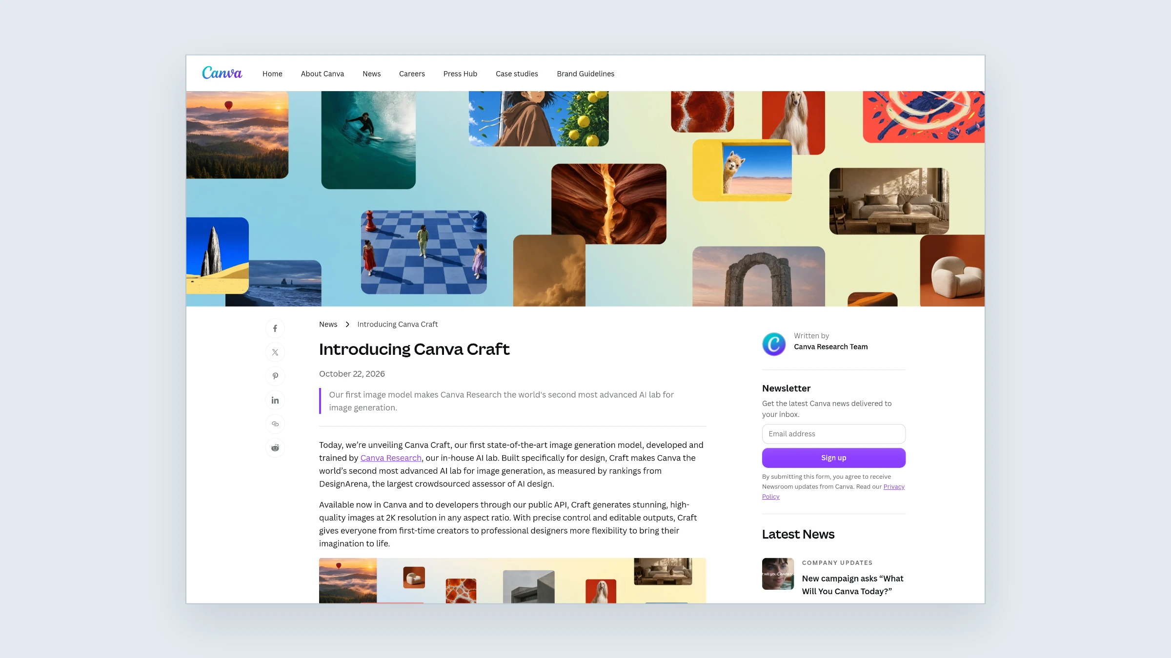 Nieuwspagina van Canva over Canva Craft, met een collage van beelden die Canva met het model maakte