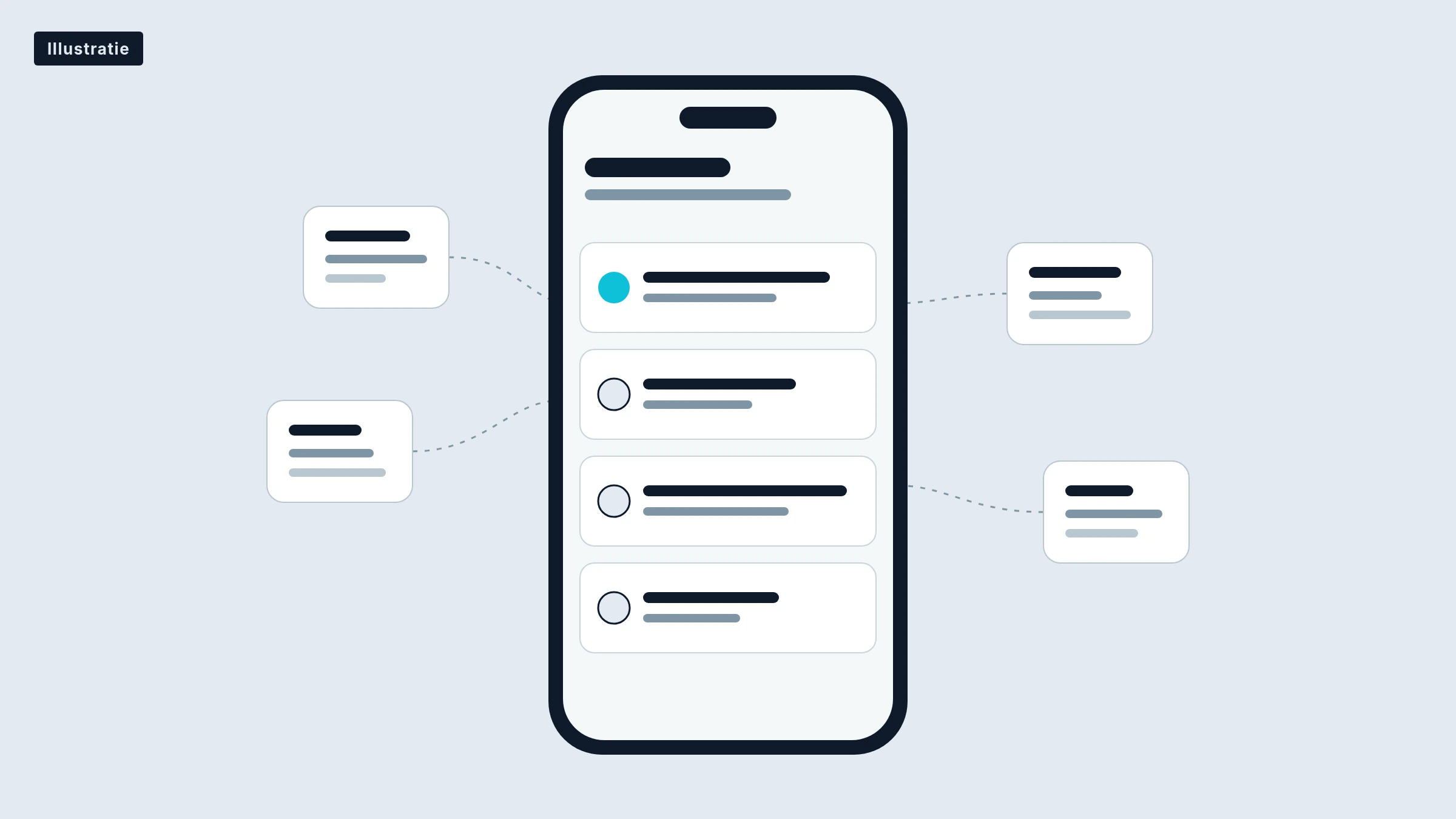 Illustratie van een telefoon met een ochtendoverzicht van taken, met kaartjes uit gekoppelde apps eromheen