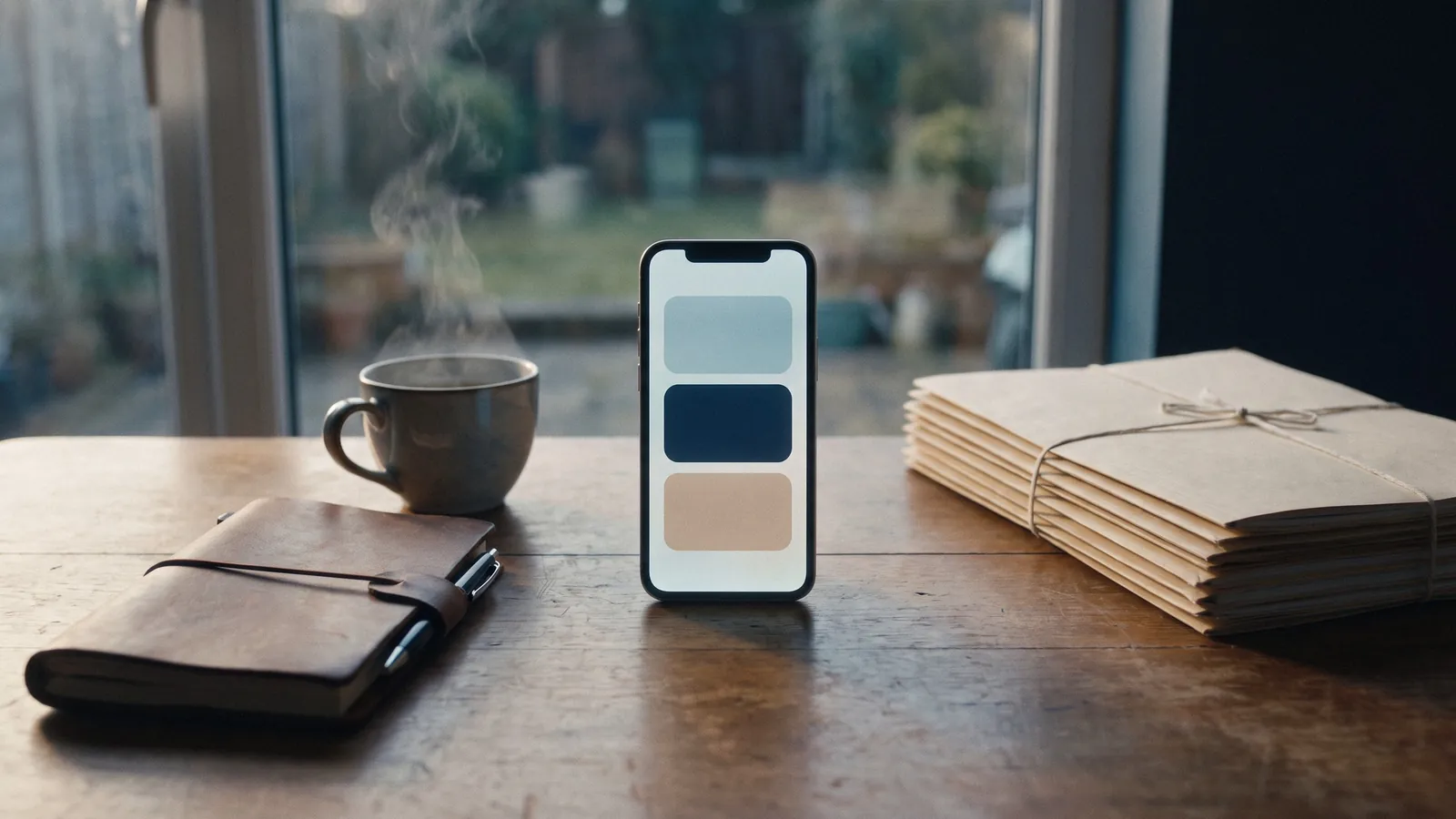 Smartphone op een houten bureau met drie lege takenkaarten op het scherm, naast koffie, een notitieboek en een stapel dossiers.