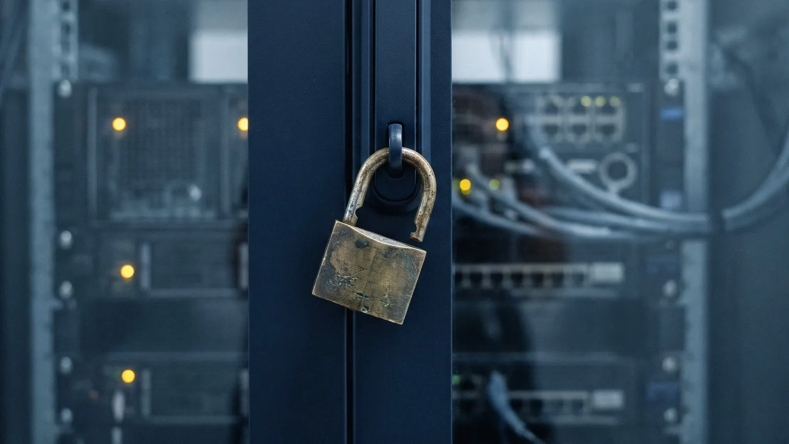 Een oud, opengebroken hangslot aan de deur van een serverrek in een donkere serverruimte.