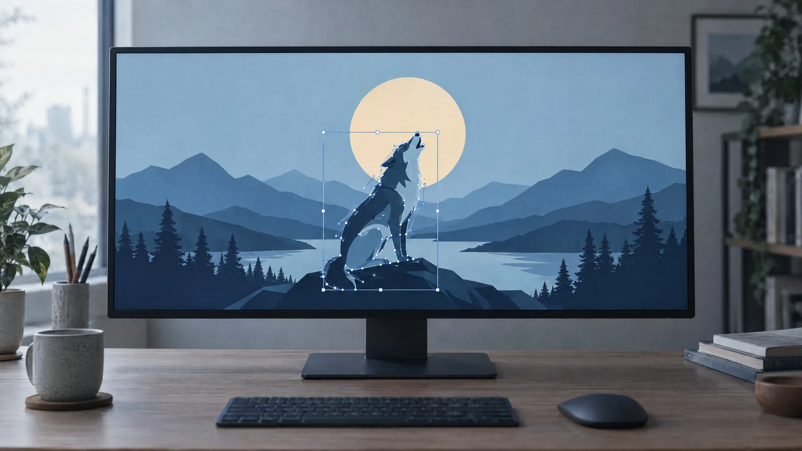 Monitor met een vlakke vectorillustratie van een huilende wolf bij de maan, de wolf geselecteerd met ankerpunten.