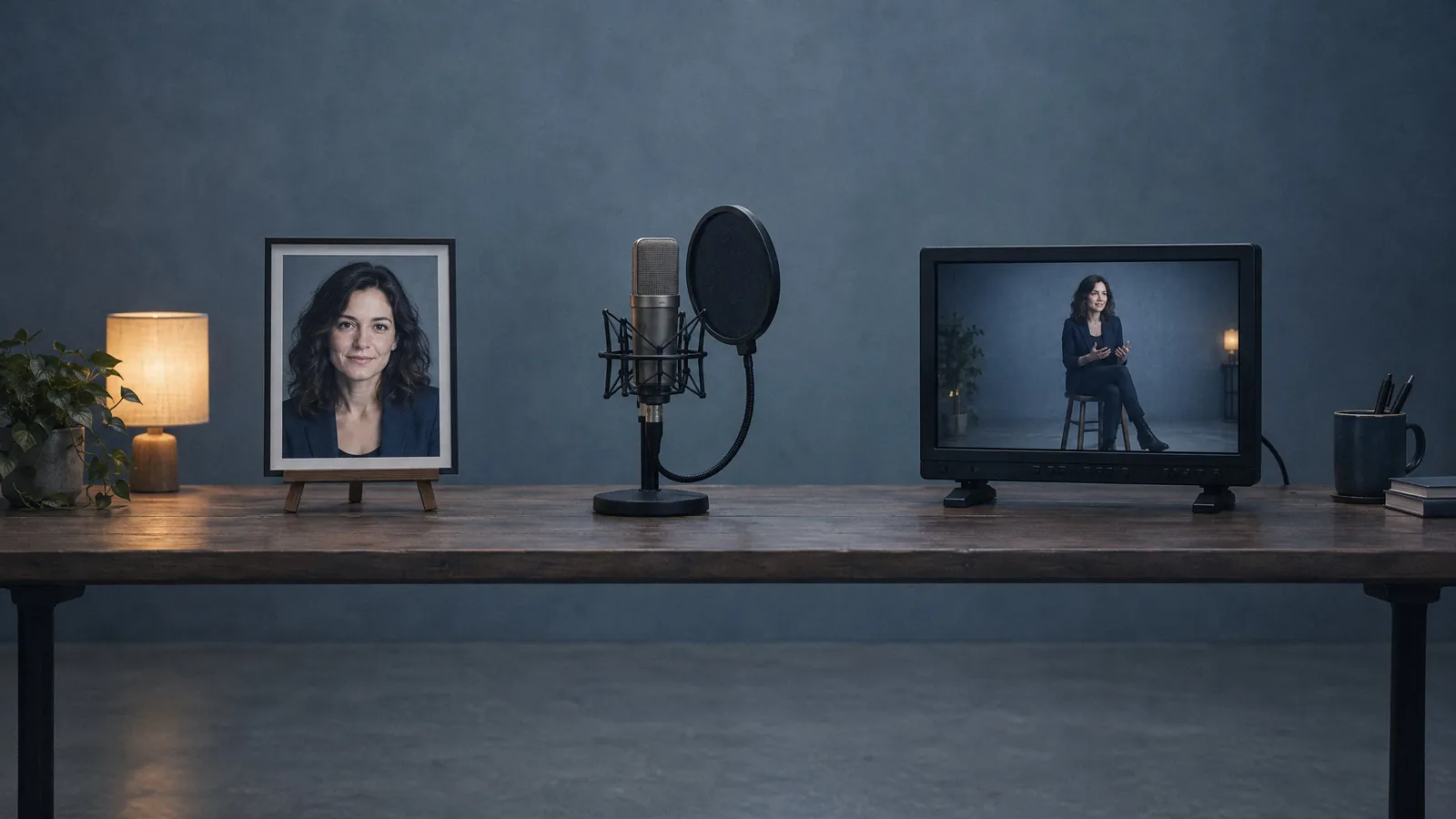 Een ingelijst portret van een vrouw, een studiomicrofoon en een monitor waarop dezelfde vrouw op een kruk zit te praten.