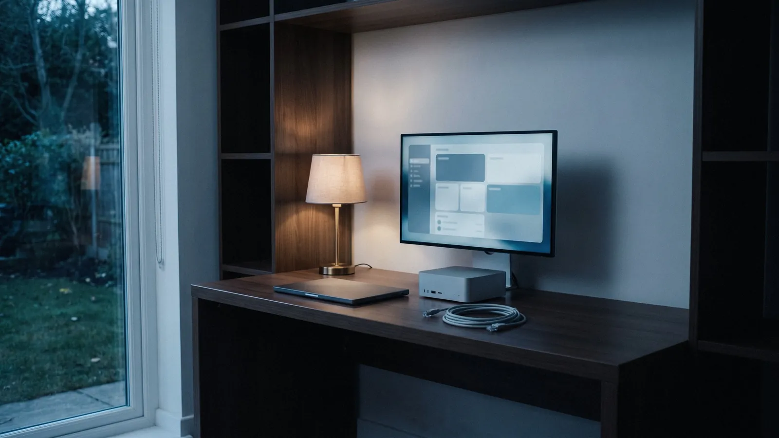 Thuiswerkplek in de schemering met een kleine desktopcomputer, een gesloten laptop en een losgekoppelde netwerkkabel.