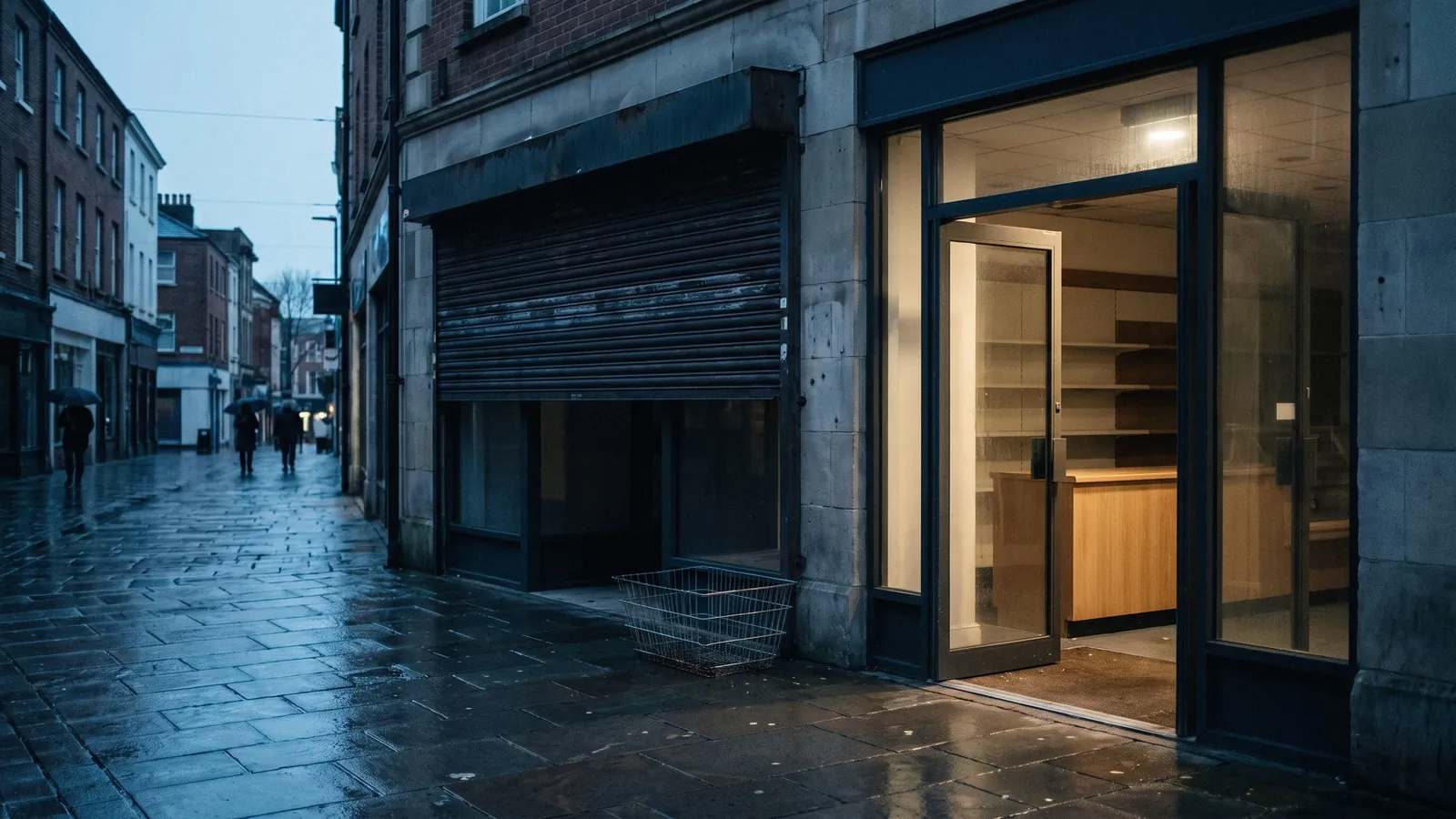 Natte winkelstraat in de avond: een half neergelaten rolluik met een lege winkelmand, ernaast een open, verlichte winkel.