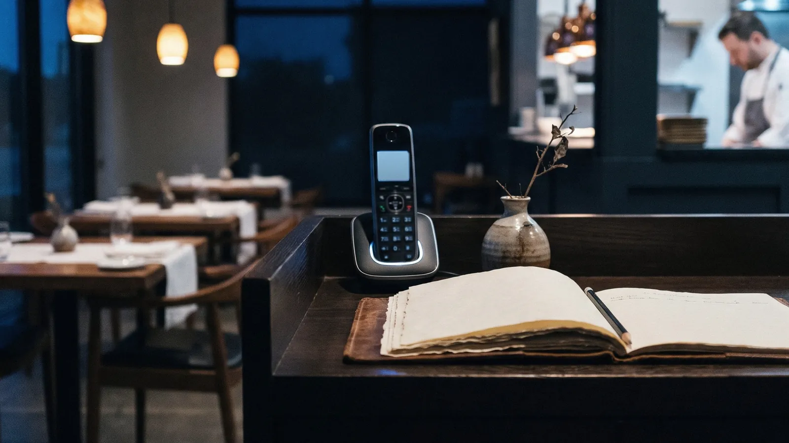 Draadloze telefoon op de ontvangstbalie van een restaurant met een open reserveringsboek, op de achtergrond een kok.
