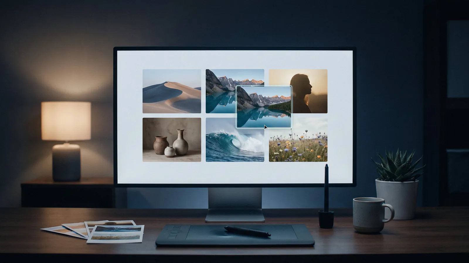 Bureau van een ontwerper in de avond met een monitor waarop een rustig raster van gegenereerde beelden wordt geordend, met een tekentablet ervoor.