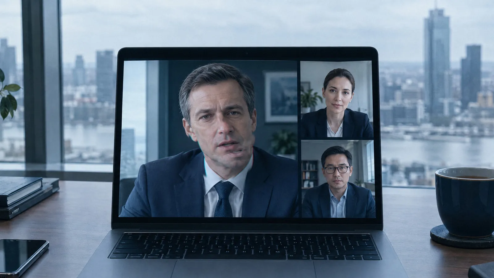 Videogesprek op een laptop waarin het onderste deel van het gezicht van de spreker subtiel verschoven is, als teken van een deepfake.
