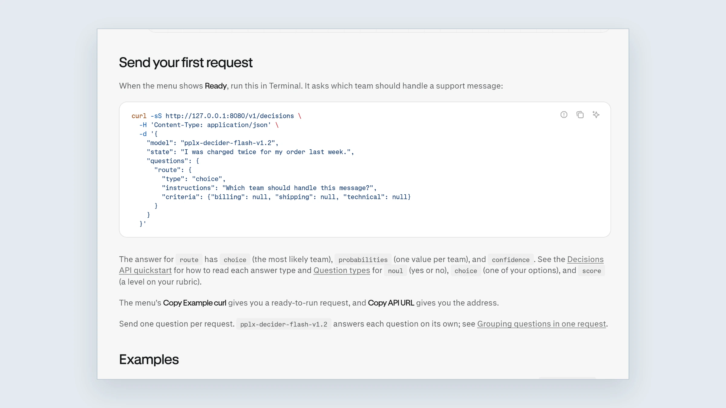 Codevenster met een Decisions API-verzoek met drie antwoordopties en het antwoord met kansen per optie