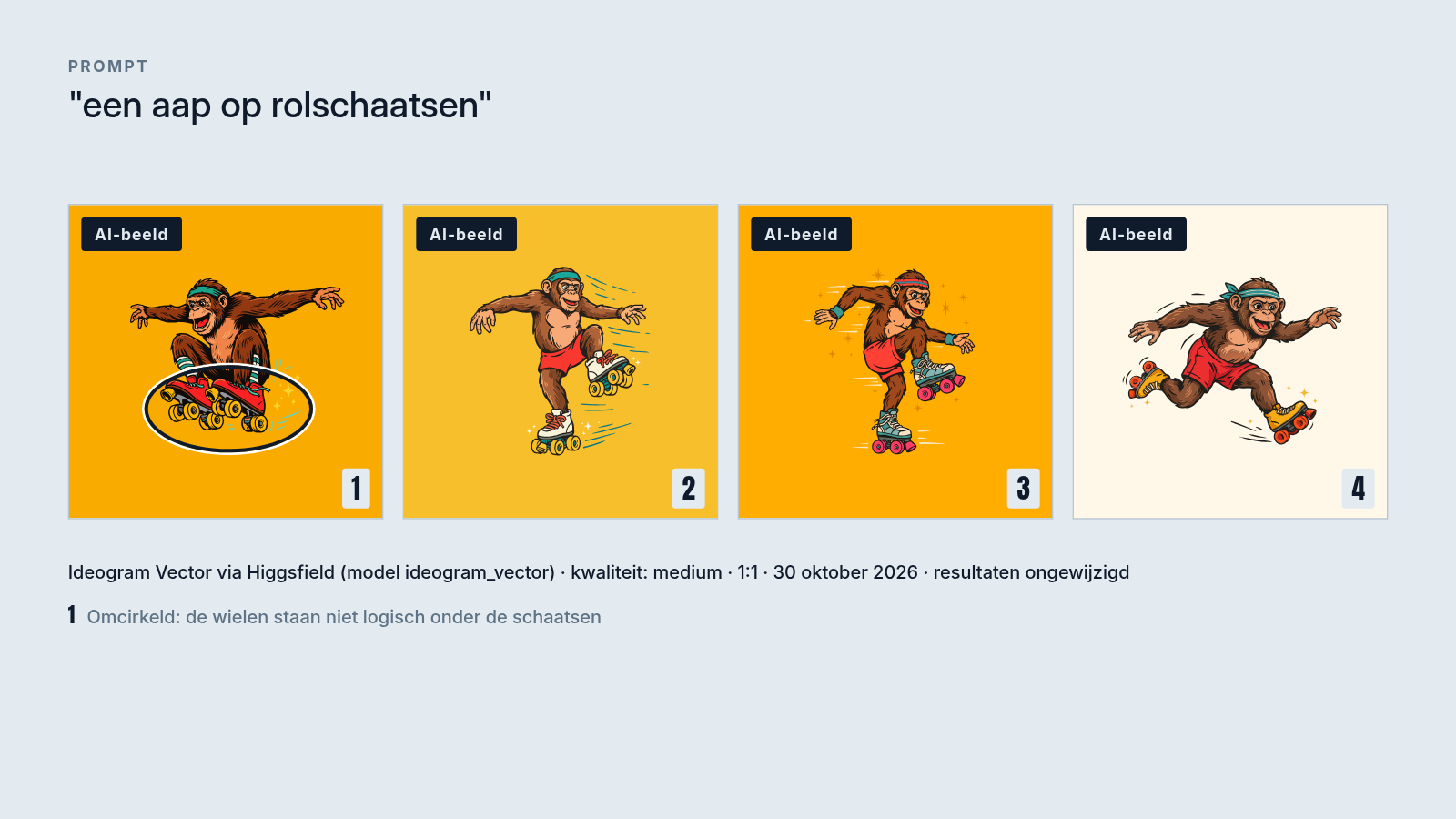 Vier vectorillustraties van een aap op rolschaatsen, genummerd 1 tot 4; bij nummer 1 staat een ring om de rolschaatsen
