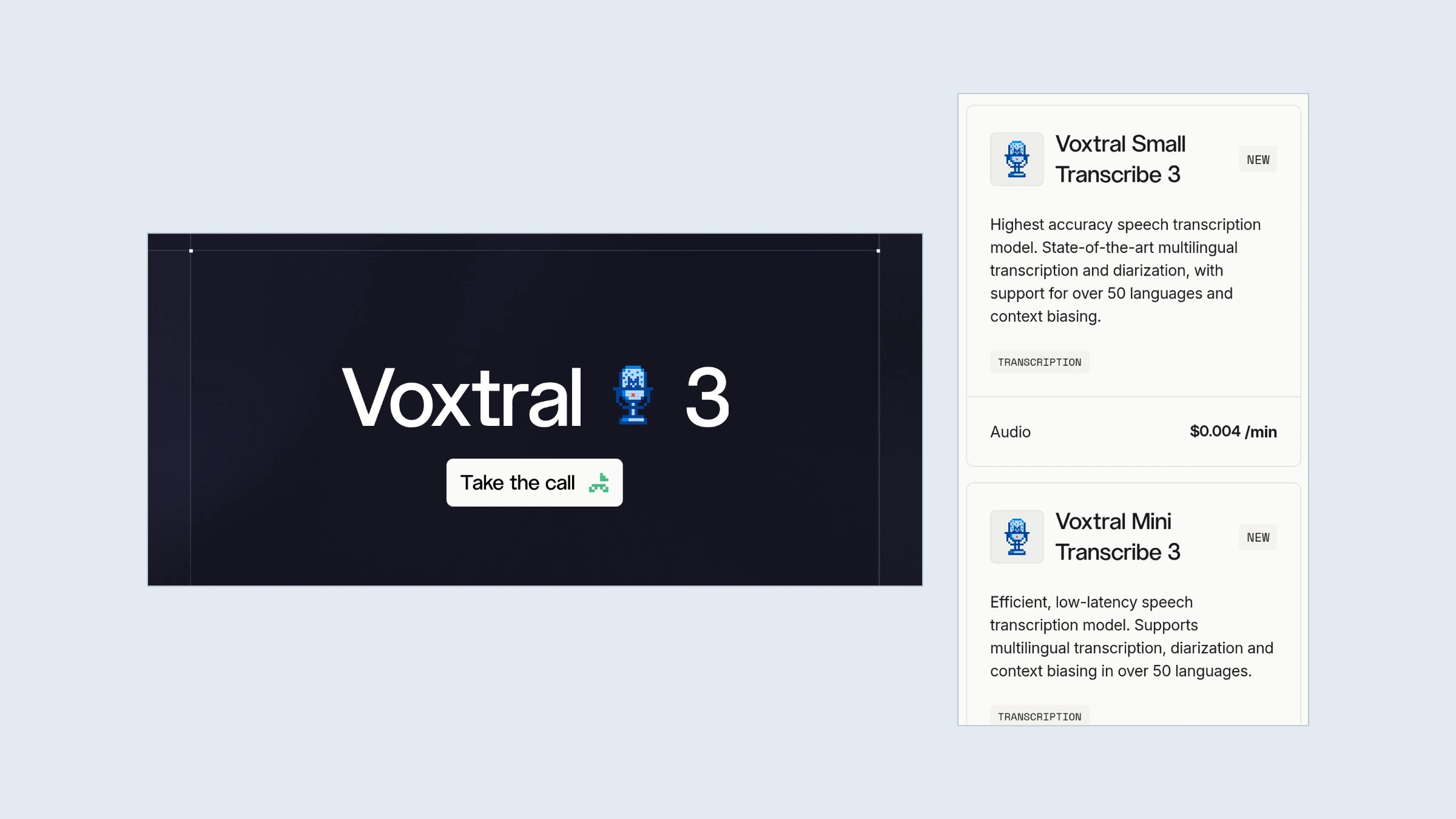 Aankondigingspagina van Mistral Voxtral 3 met de namen van de transcriptie- en spraakmodellen