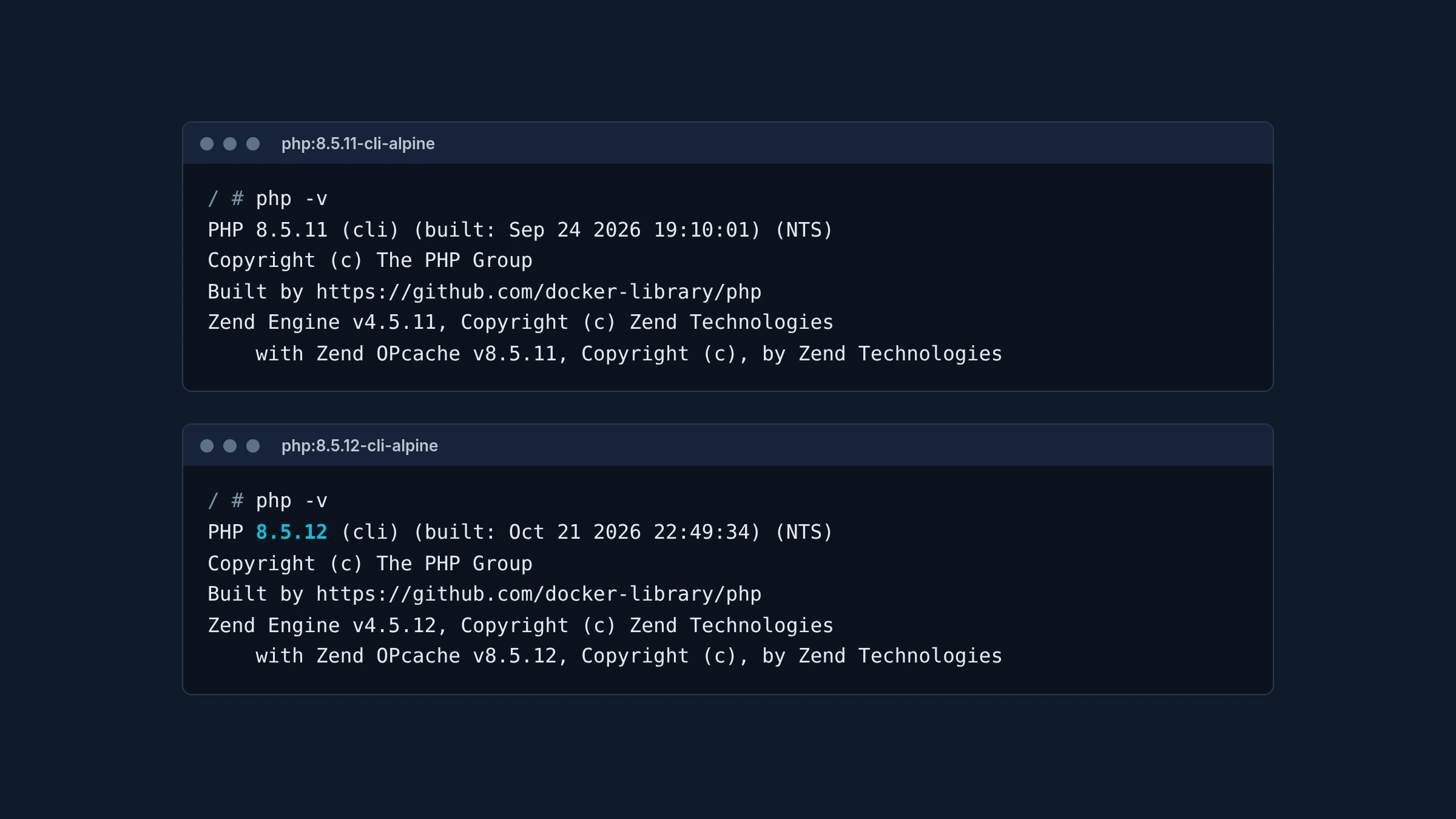 Terminalvenster met de uitvoer van php -v, waarin versie 8.5.12 zichtbaar is