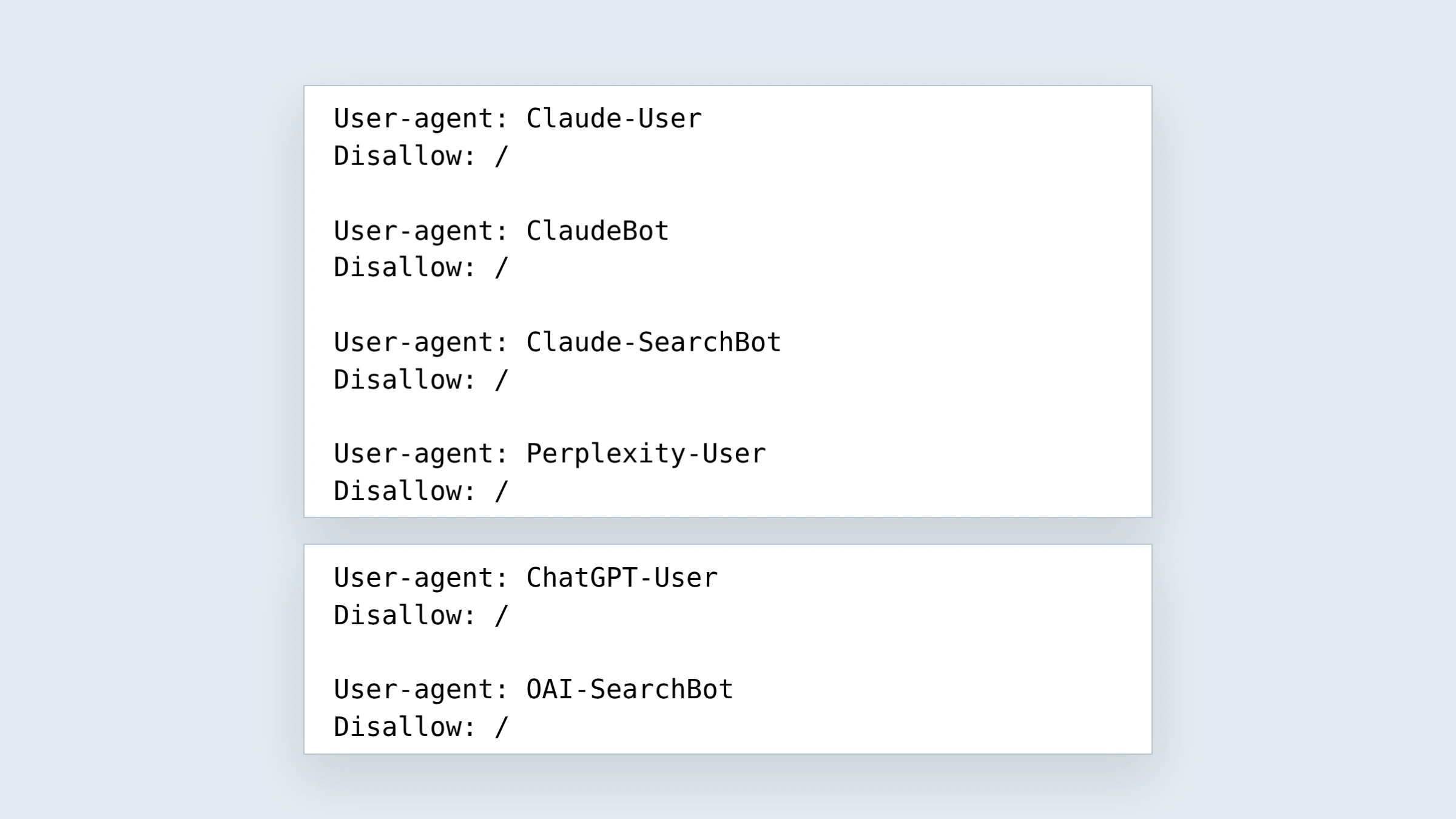 Uitsnede van de robots.txt van Amazon met Disallow-regels voor ChatGPT-User, Claude-User en Perplexity-User