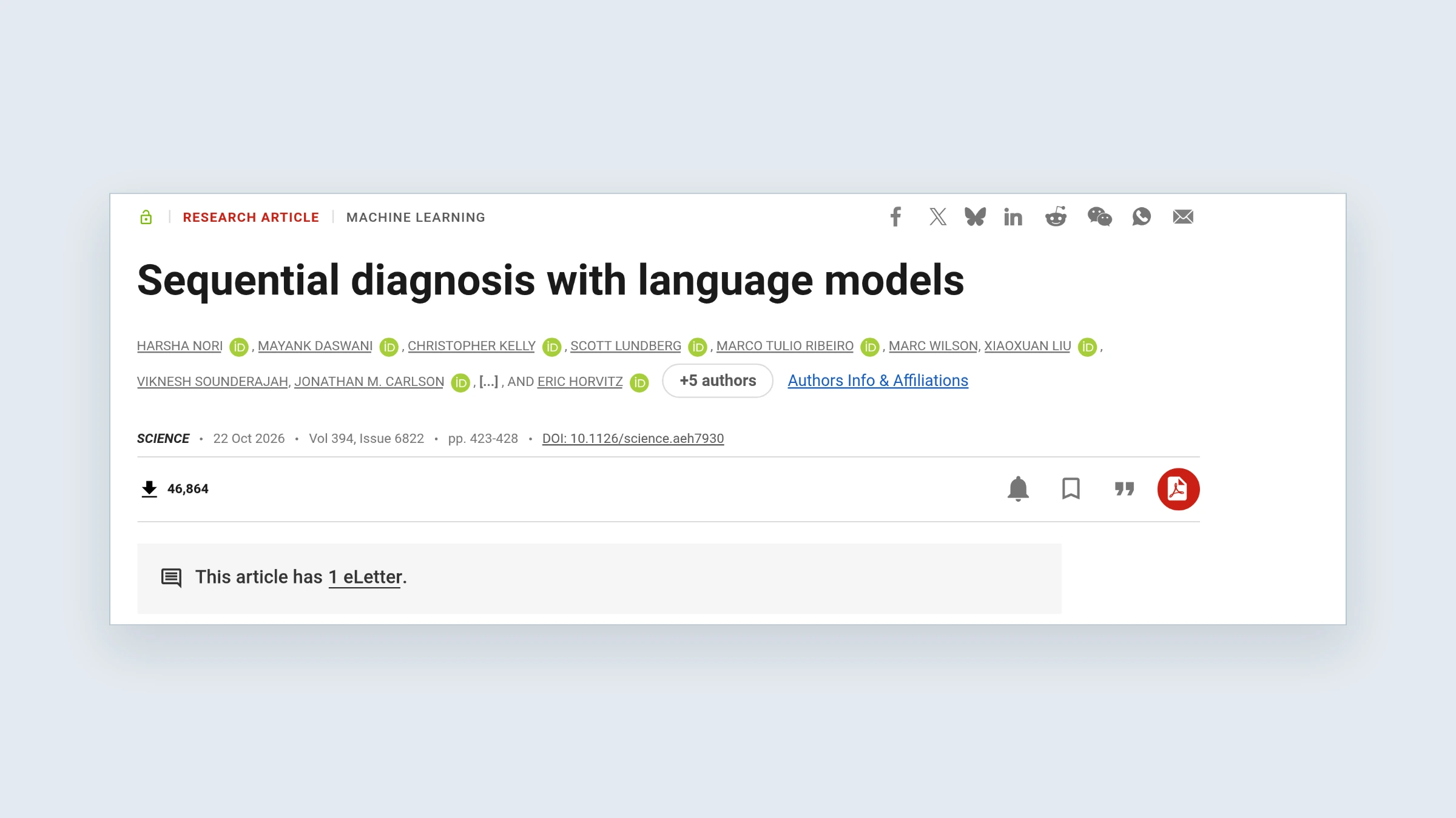 Eerste pagina van het artikel Sequential diagnosis with language models in Science, met titel en auteurs